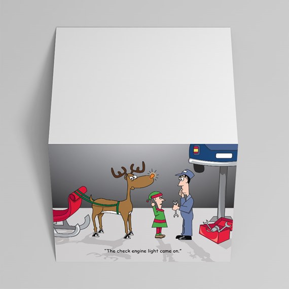 cartoon scene with reindeer, elf, and mechanic in garage